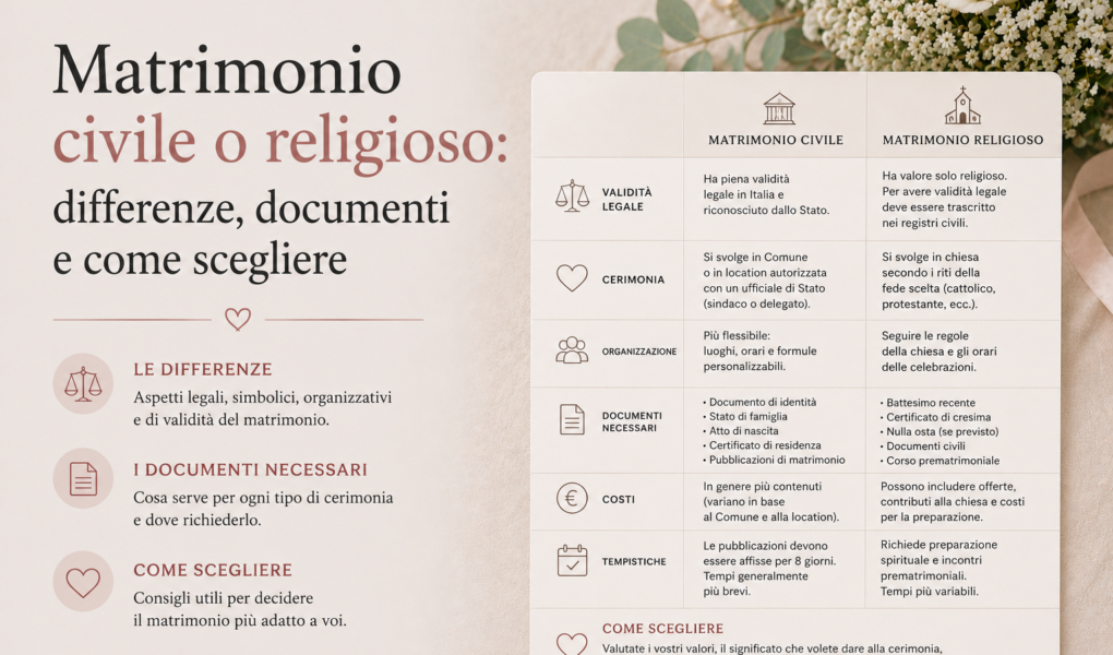 Matrimonio civile o religioso differenze, documenti e come scegliere